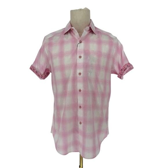 Robert Graham Button Front Short Sleeve Shirt KOSI BAY Pink White Geometric M - Picture 1 of 10